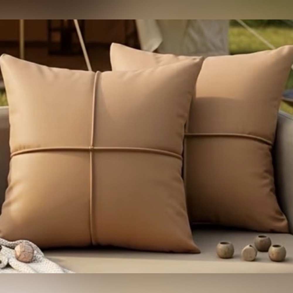 2 Boho Faux Leather Pillows  18” x 18” | Camel Tan Cross Stitch Accent